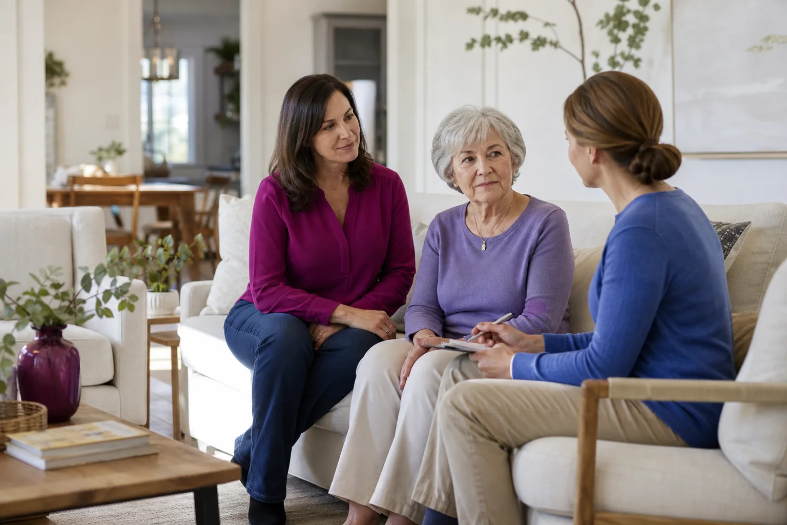 An older adult, her adult daughter, and a home-care professional talking together in a living room